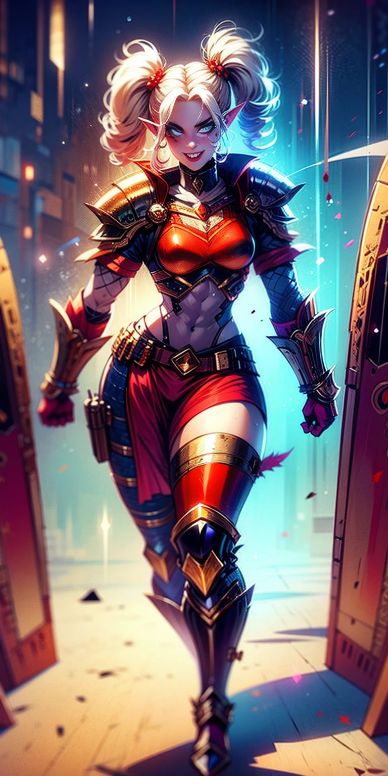 full body, def_effie, RED breastplate, RED skin, looking at viewer, shiny,armor, thighhighs, high boots,shoulder armor, faulds, poleyn, gloves, gauntlets, Rerebrace armored boots, pauldrons,(masterpiece, best quality, ultra-detailed, best shadow) yordle (1girl)( RED skin:1.2) pointy ears muscular lean platinum blonde long twin-tails hairstyle at the office lustful smirking smile face red blushed, blush, strong abs, female body builder, tiara, twin drills hair