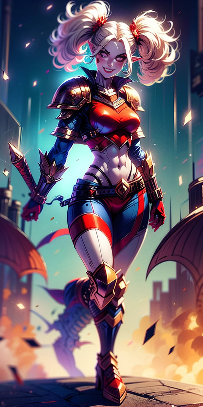 full body, def_effie, RED breastplate, RED skin, looking at viewer, shiny,armor, thighhighs, high boots,shoulder armor, faulds, poleyn, gloves, gauntlets, Rerebrace armored boots, pauldrons,(masterpiece, best quality, ultra-detailed, best shadow) yordle (1girl)( RED skin:1.2) pointy ears muscular lean platinum blonde long twin-tails hairstyle at the office lustful smirking smile face red blushed, blush, strong abs, female body builder, tiara, twin drills hair