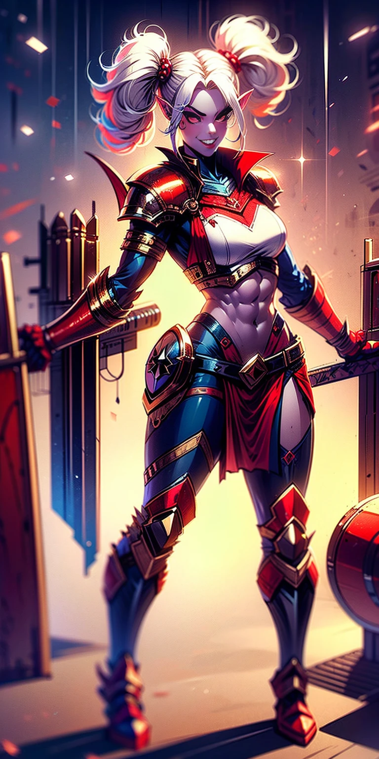 full body, def_effie, RED breastplate, RED skin, looking at viewer, shiny,armor, thighhighs, high boots,shoulder armor, faulds, poleyn, gloves, gauntlets, Rerebrace armored boots, pauldrons,(masterpiece, best quality, ultra-detailed, best shadow) yordle (1girl)( RED skin:1.2) pointy ears muscular lean platinum blonde long twin-tails hairstyle at the office lustful smirking smile face red blushed, blush, strong abs, female body builder, tiara, twin drills hair