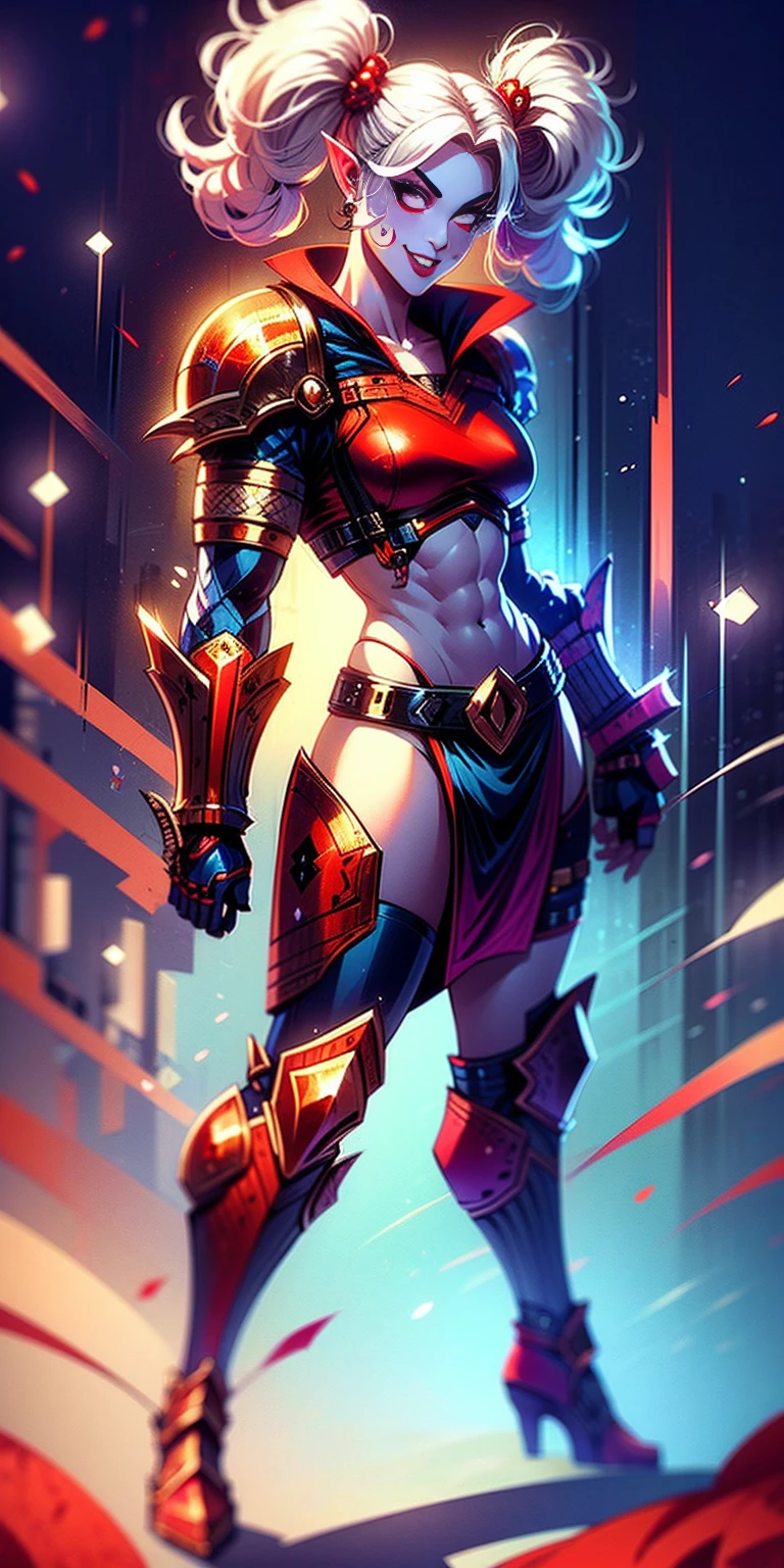 full body, def_effie, RED breastplate, RED skin, looking at viewer, shiny,armor, thighhighs, high boots,shoulder armor, faulds, poleyn, gloves, gauntlets, Rerebrace armored boots, pauldrons,(masterpiece, best quality, ultra-detailed, best shadow) yordle (1girl)( RED skin:1.2) pointy ears muscular lean platinum blonde long twin-tails hairstyle at the office lustful smirking smile face red blushed, blush, strong abs, female body builder, tiara, twin drills hair