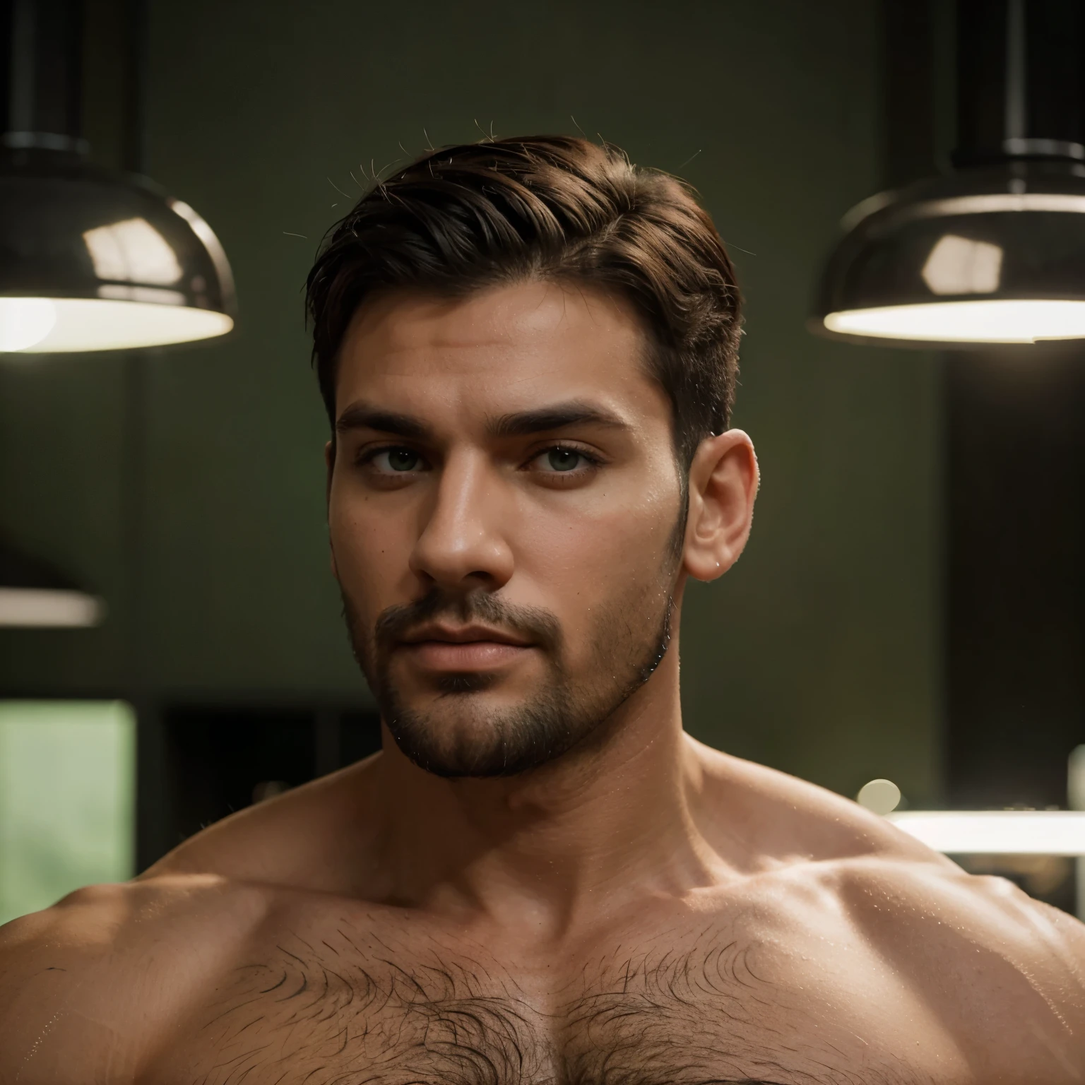 Hombre masculino,con poca barba, sexy and tall with muscles, short black hair and green eyes with a mafia-looking background 