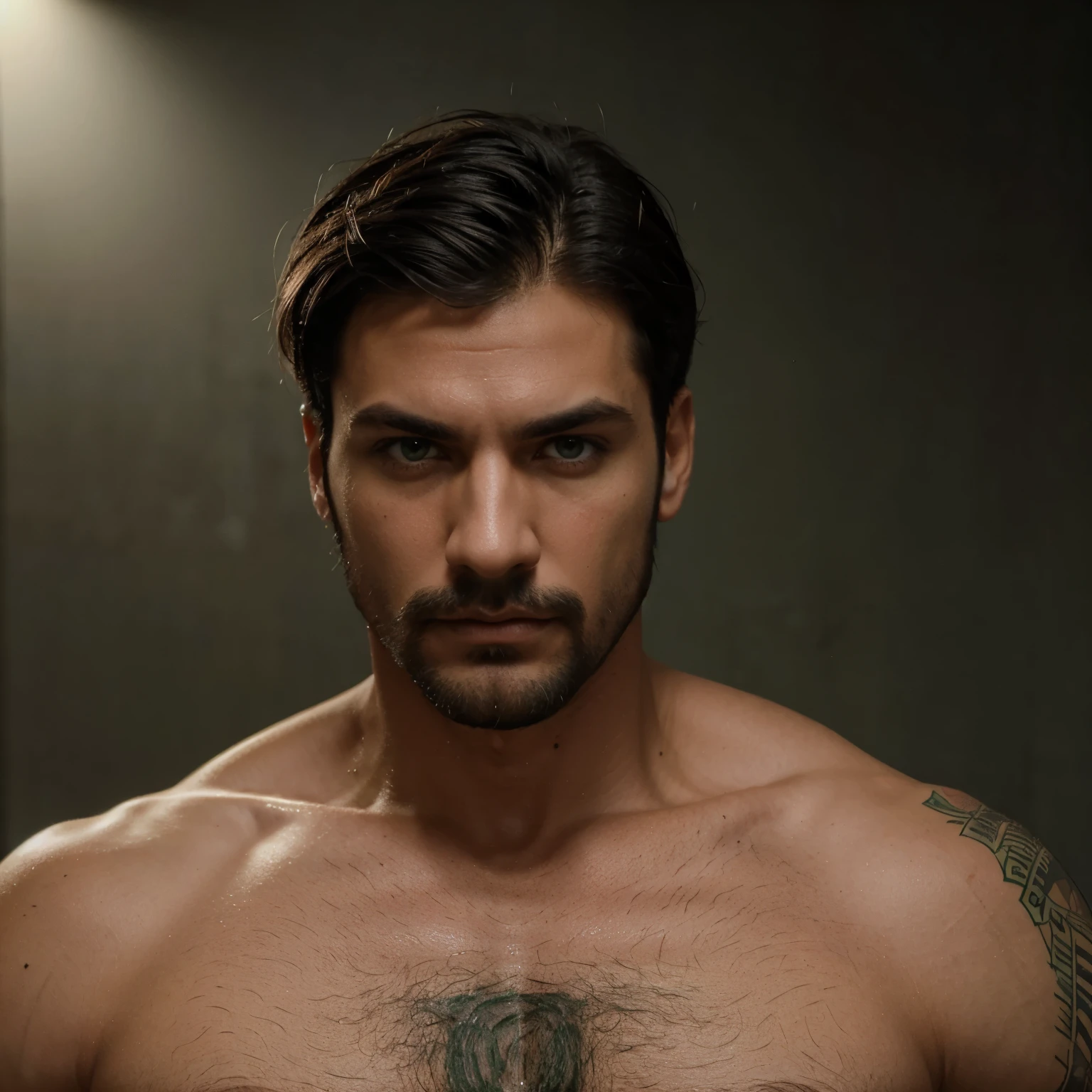 Hombre masculino,con poca barba, sexy and tall with muscles, short black hair and green eyes with a mafia-looking background
