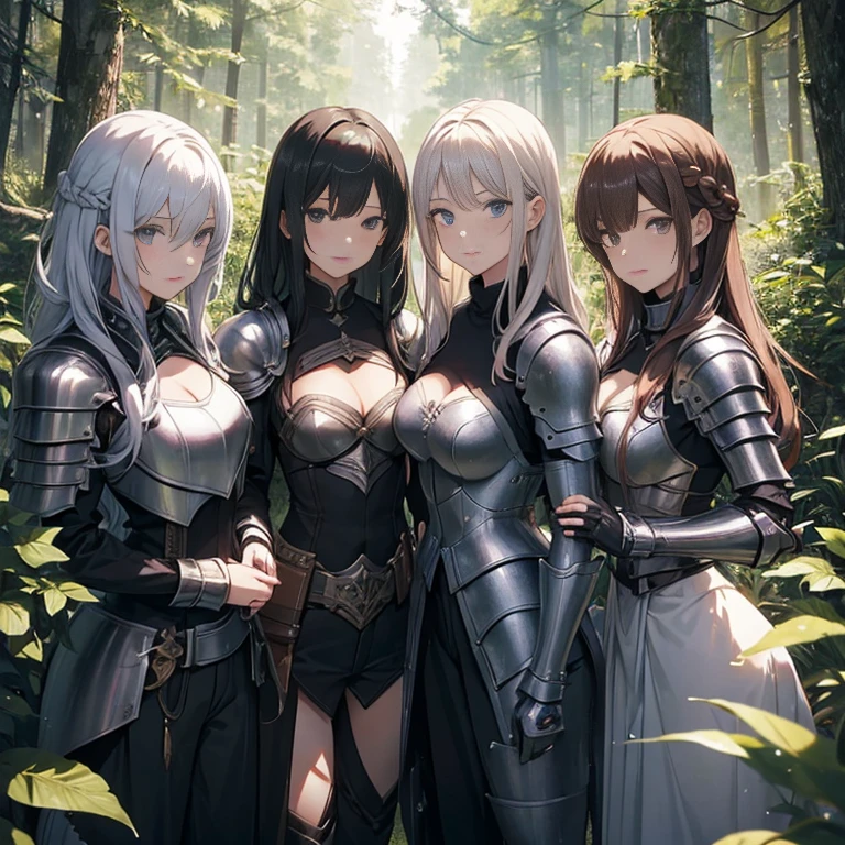 A group of female knights, (in forest), various hair styles, metal armor, harem, trousers, seducing, beautiful face, close