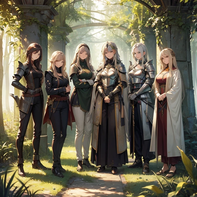A group of  female knights, (in forest), various hair styles, metal armor, harem, trousers, seducing, beautiful face, close
