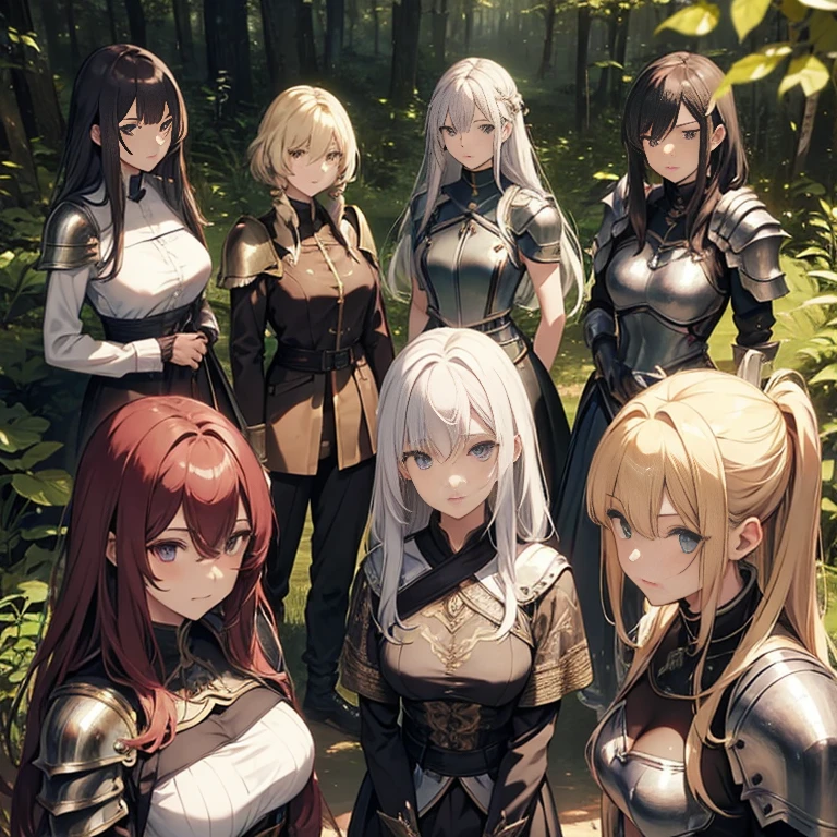 A group of female knights, (in forest), various hair styles, metal armor, harem, trousers, seducing, beautiful face, close