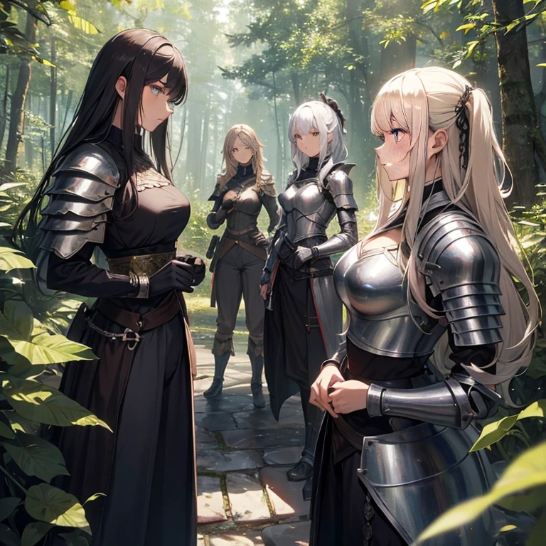 A group of female knights, (in forest), various hair styles, harem, wearing armored clothes, metal armor, night, details face, trousers, seducing, sword,