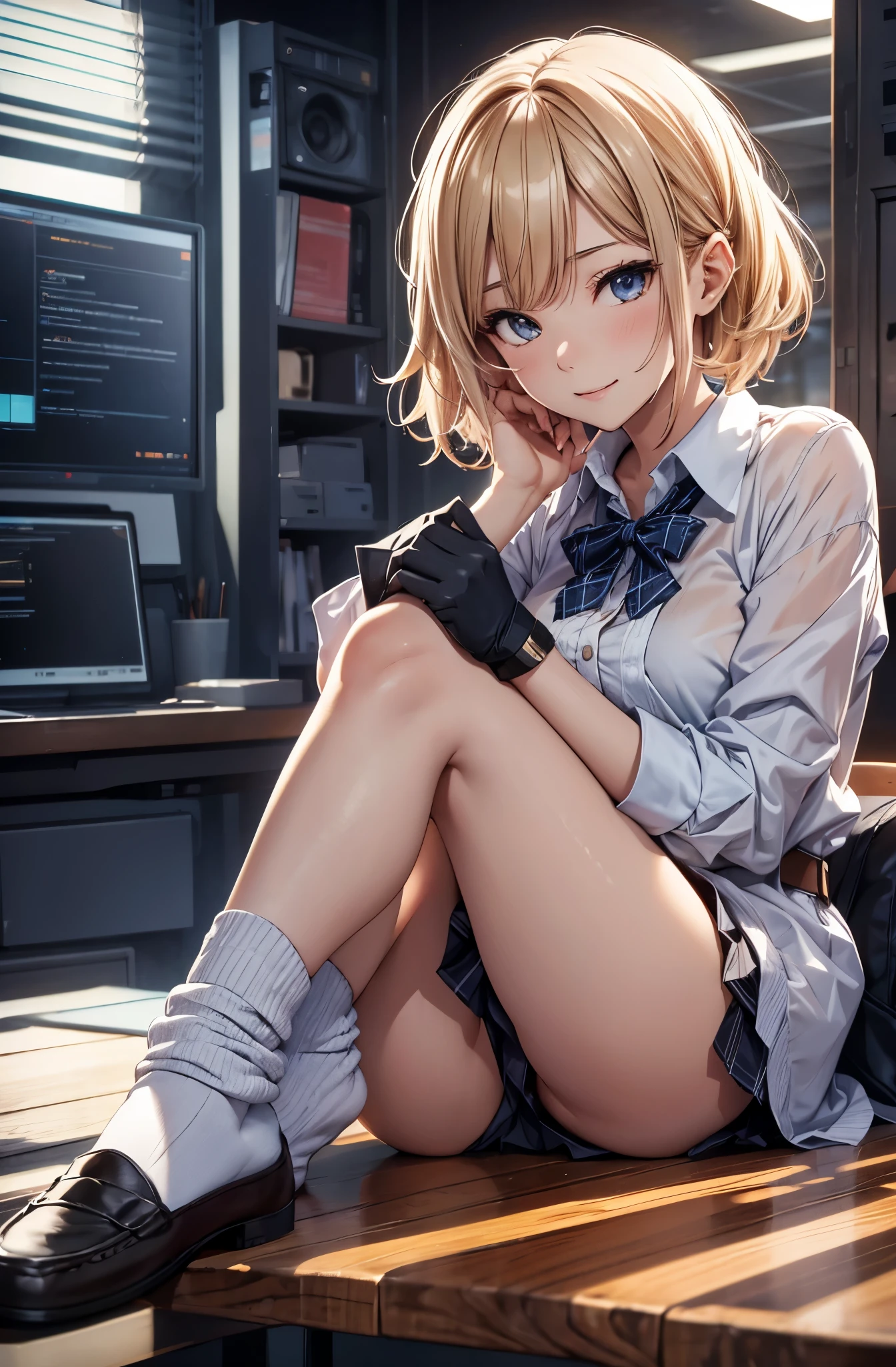 one girl,18 years old girl,gyaru,slender body,short blonde hair,grin,high blouse,ribbon,skirt,loose socks,loafers,(best quality,4k,8k,highres,masterpiece:1.2),ultra-detailed, (realistic,photorealistic,photo-realistic:1.37),HDR,UHD,studio lighting,ultra-fine painting,sharp focus,physically-based rendering,extreme detail description,professional,vivid colors,bokeh,portraits