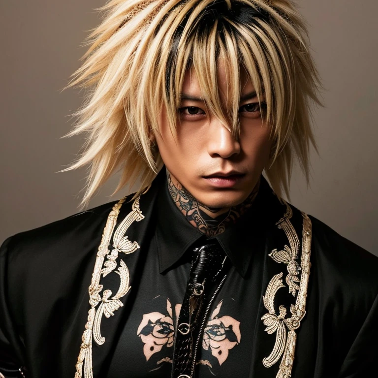 1 man, Japanese man, male, Asian eyes, muscular, broad shoulders, yakuza tattoos, hairstyle Visual Kei style, hair Visual Kei, black men's shirt and black pants, ultra detailed face, hyperrealistic, realistic representation, long hair, long hair, 30 years old, age 30 years, blond, blonde hair