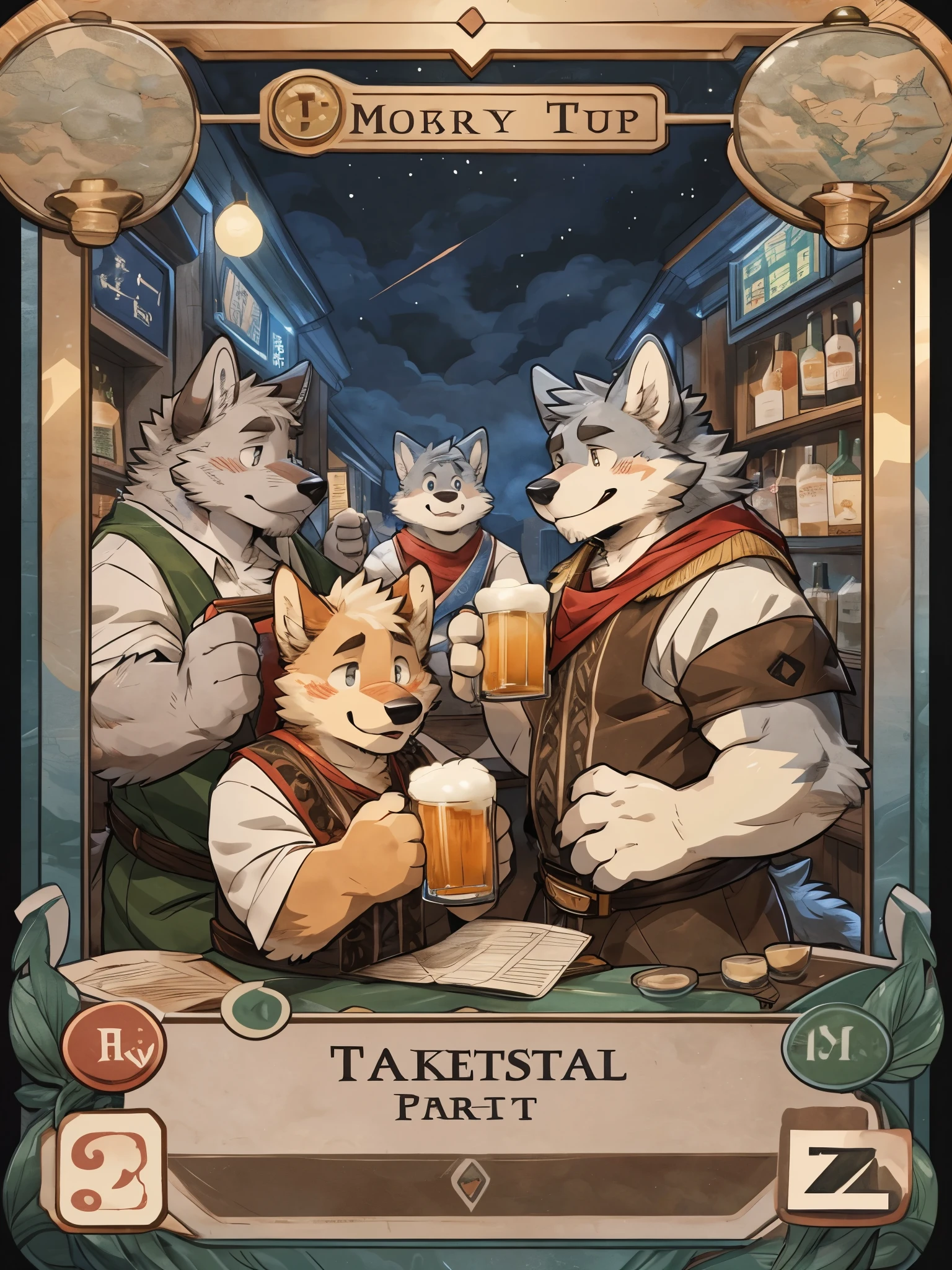 by takemoto arashi, by milkytiger1145, by donkeyramen, by wfa, anthro,furry,kemono,male,at bar pub, (adventurer costume), drinking beer, anthro,furry,kemono,handsome,gray wolf,gray fur,male,group shot, crowded, detailed background, looking pleasured,enjoying, (high quality, highres, masterpiece), frame of trading card, UI markings in the upper-right and lower-left corners of the gameplay style card, tarot card style