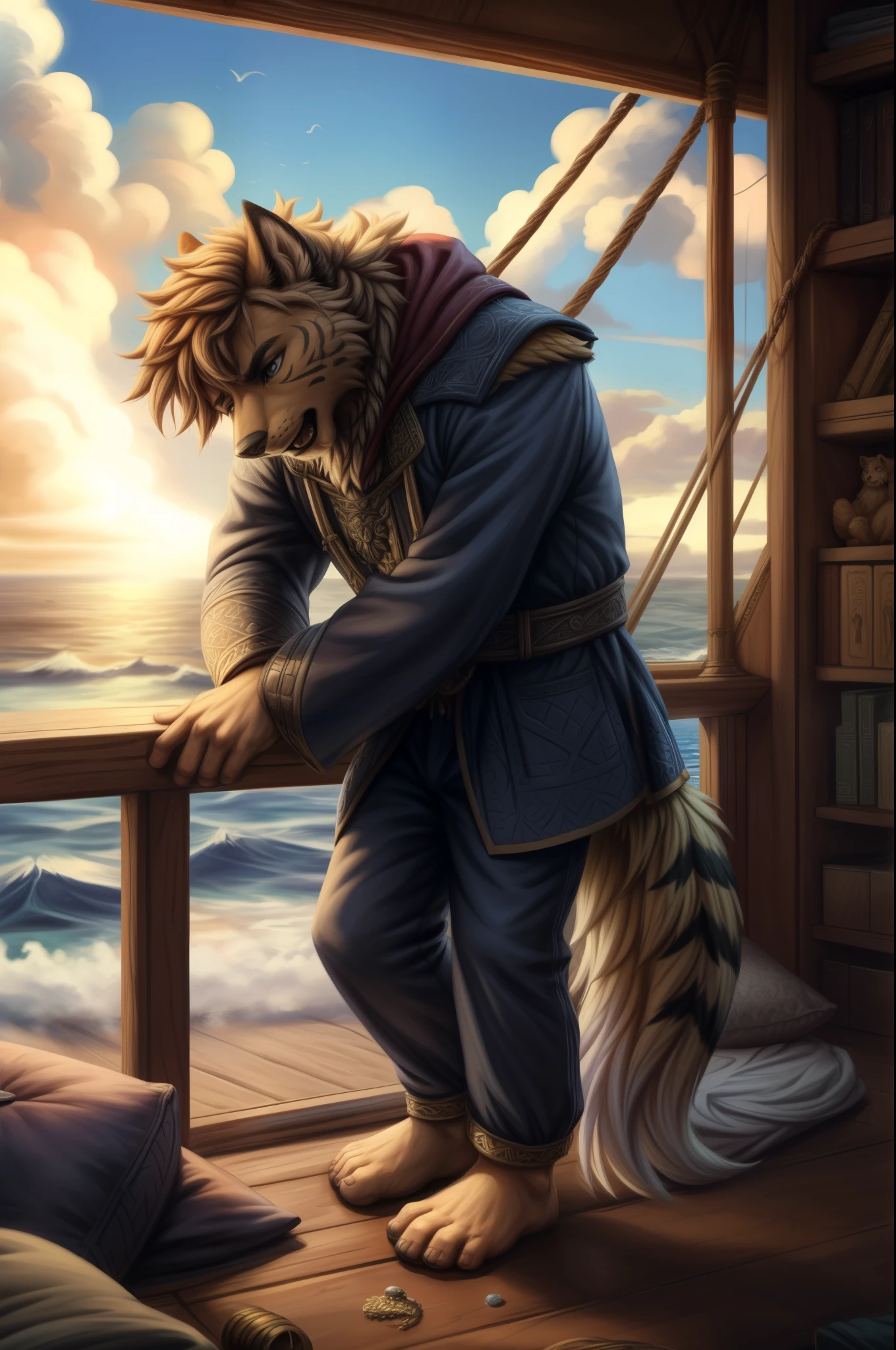 (((Barefoot furry character, full body, cinematic setting, male)))
Masquerading as a man with a reason.
My charade is the event of the season
and if I claim to be a wise man, well
it surely means that I don't know.
On a stormy sea of moving emotion
tossed about I'm like a ship on the ocean.
I set a course for winds of fortune,
but I hear the voices say:
(Carry on my wayward son.)
(There'll be peace when you are done.)
(Lay your weary head to rest.)
(Don't you cry no more.)
BREAK, detailed background, 8K, (masterpiece:1.5), intricate details, highly detailed, extreme detail, octane render, fine art, best quality, highres, (detailed face:1.5), ((full_body)), UHD, (((perfect hands)))