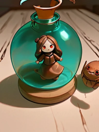 A mysterious creature trapped in a bottle on the desk、horror、Creepy、very small creature、Clay Figure、straw doll