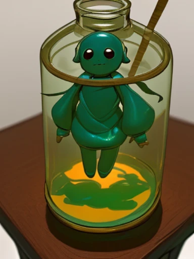 A mysterious creature trapped in a bottle on the desk、horror、Creepy、very small creature、Clay Figure、straw doll