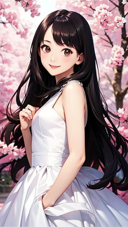 highest quality、realistic、Japanese、、cute、smile、Wedding dress、black hair、long hair、all back、、brown eyes、smile、glossy red lips、Forehead exposed、、slender、14 years old