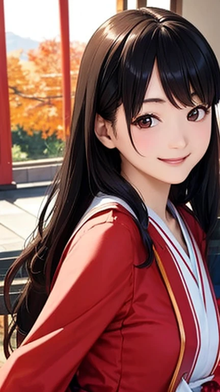 highest quality、realistic、Japanese、、cute、smile、Wedding dress、black hair、long hair、all back、、brown eyes、smile、glossy red lips、Forehead exposed、、slender、14 years old