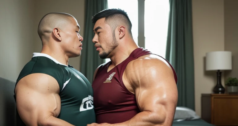 kissing, inside bed room, facing each other, (rugby uniform:1.2), Japanese man, Chinese man, Korean man, Taiwanese man, manly face, round face, monolid eyes, (buzz cut:1.4), very large and strong body, bulging muscles, very large pectoral muscles, muscular arms, muscular abs, muscular legs, muscular back, brightens oily skin, master piece, realistic, panorama, distant view