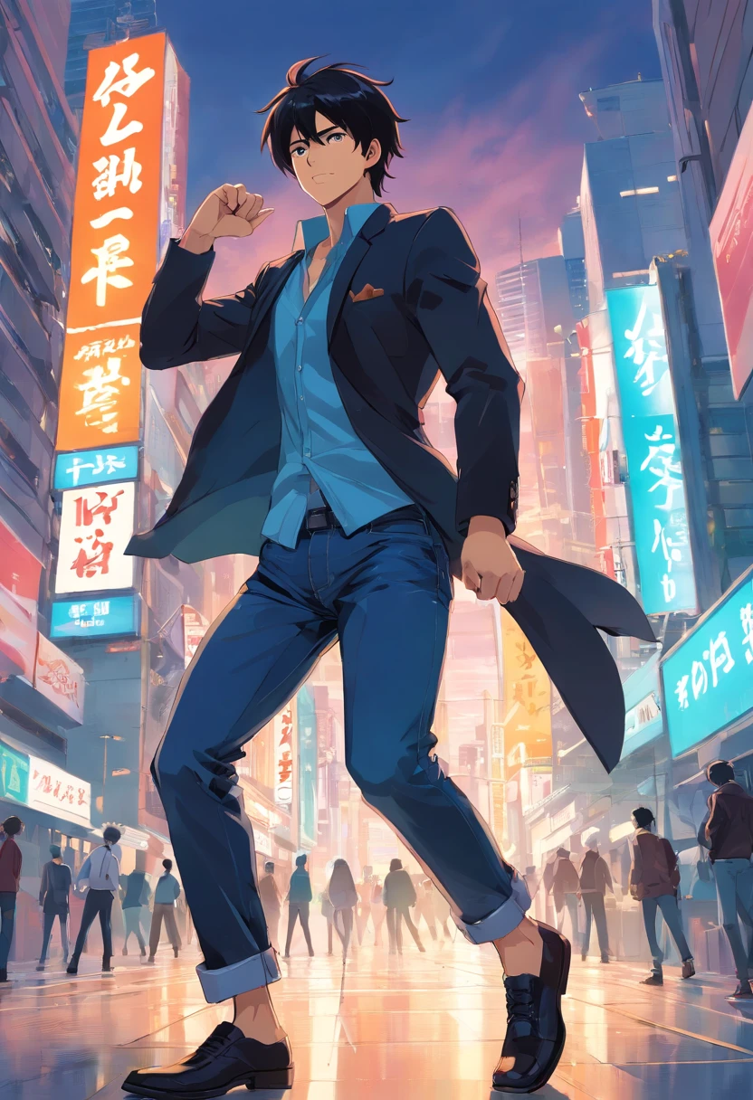 japanes,Dandy man in his 30s,A tall man, Delicate facial features like an actor,Black hair with blonde highlights, Wearing a black gentlemanly jacket, Denim jeans, Intense muscles, Blue eyes, city dancing video