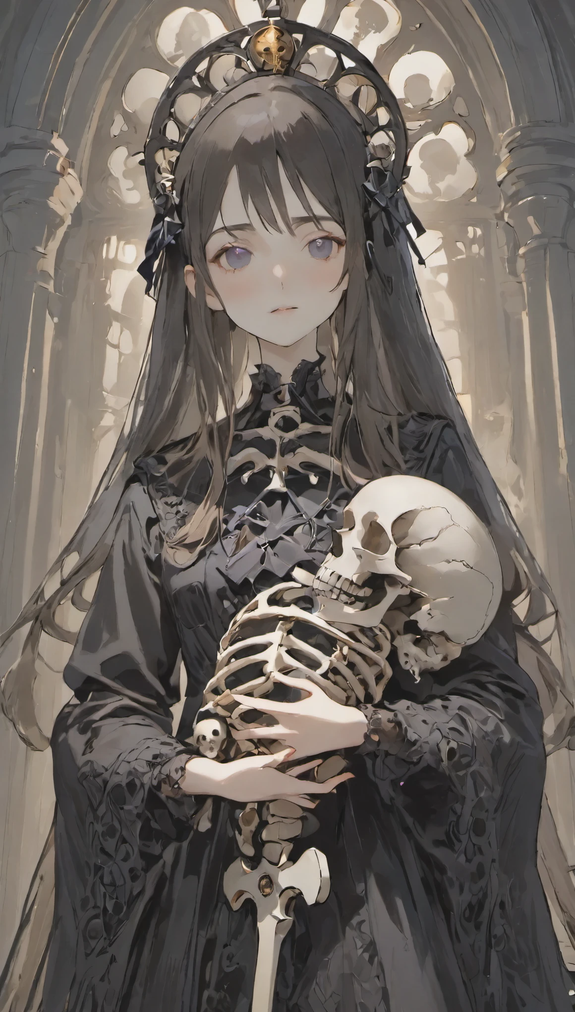 Anime girl holding a skeleton and skull in her hands, anime skull portrait woman, mechanical witch, gothic otome anime girl, Google on pixiv artstation, Gweiz art station pixiv, beautiful necromancer girl, detailed digital anime art, Kushart Krenz Key Art Feminine, detailed anime character art, Detailed anime original drawing