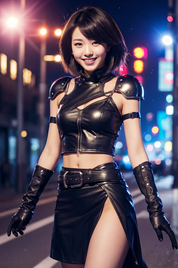 high quality,High resolution,woman,Beautiful Face,Captivating smile,short hair,,View Viewer,Open your mouth,Dress in Armor,Cutout of the stomach,gloves,leather,belt,cap,Cyberpunk City,road,street,Sparkly Background,