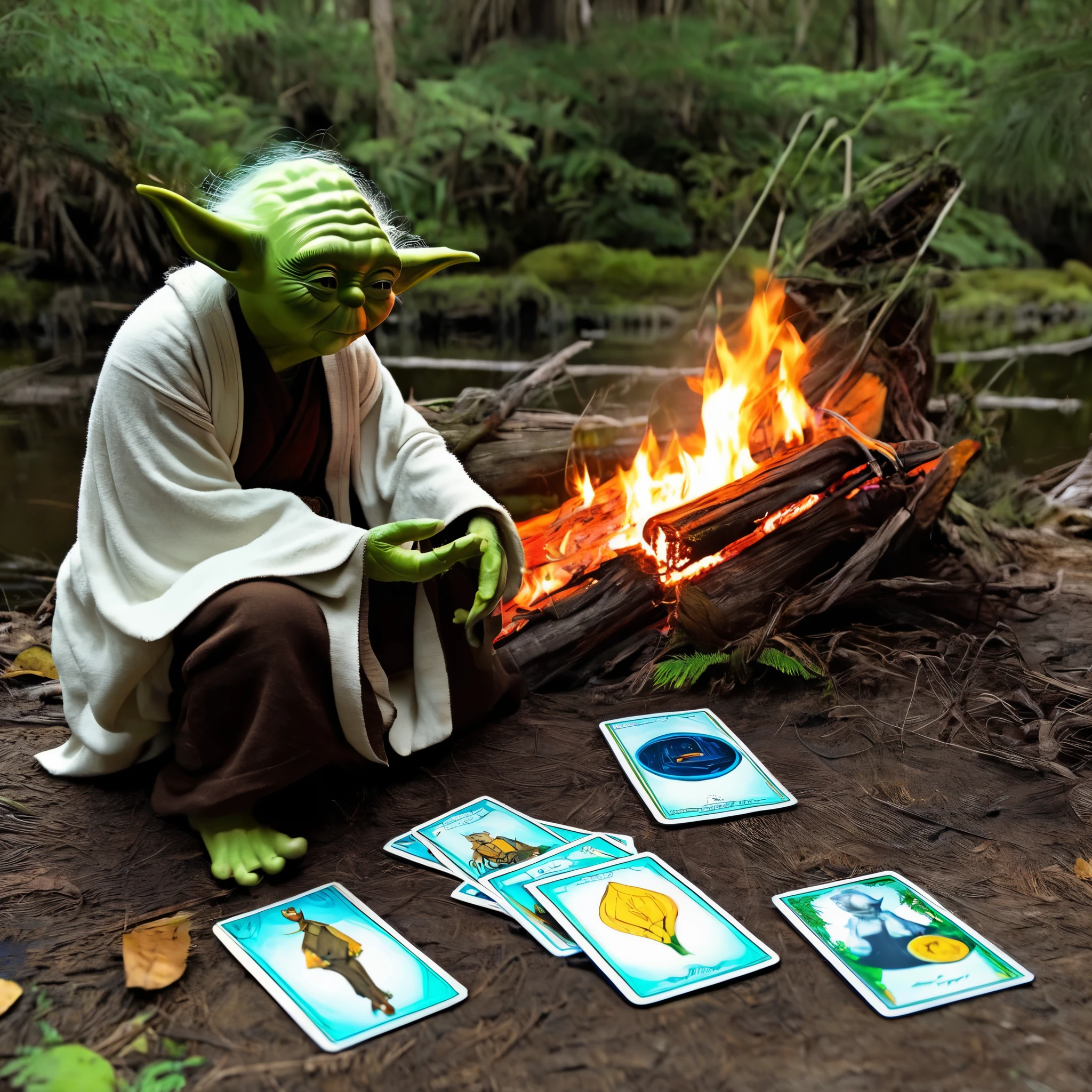Star Wars, Yoda is telling Luke his future using (sci fi, star wars themed) Tarot Cards, setting campfire on swampy Dagobah