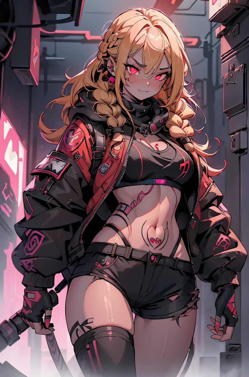 1girl, rebecca \(cyberpunk\), full body, solo, blonde braid hair, glowing red eyes,laugh fearlessly, leg tattoo, neck tattoo,  large chest, black bra, thong, red pupils, skin fang, red eyes, black jacket, carry a big hammer on your shoulder、dynamic angle、dynamic pose、