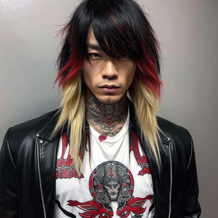 1 man, Japanese man, male, Asian eyes, muscular, broad shoulders, yakuza tattoos, hairstyle Visual Kei style, hair Visual Kei, black men's shirt and black pants, ultra detailed face, hyperrealistic, realistic representation, long hair, long hair, 30 years old, age 30 years, blond, blonde hair