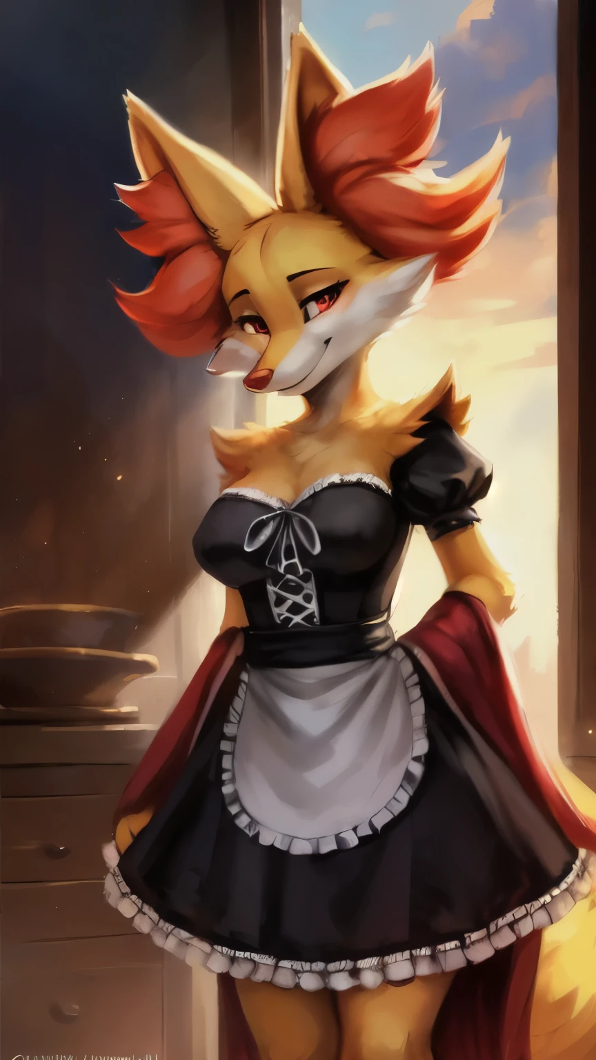 Solo, uploaded the e621, beautiful and detailed portrait of a female (((woman))) anthro delphox, kenket, Ross Tran,ruan jia, uploaded to e621, zaush, foxovh, zenematic lighting, seductive, bl, delphox, thighighs, big chest, full body, beautiful, young (18 years old), red eyes, maid dress, standing