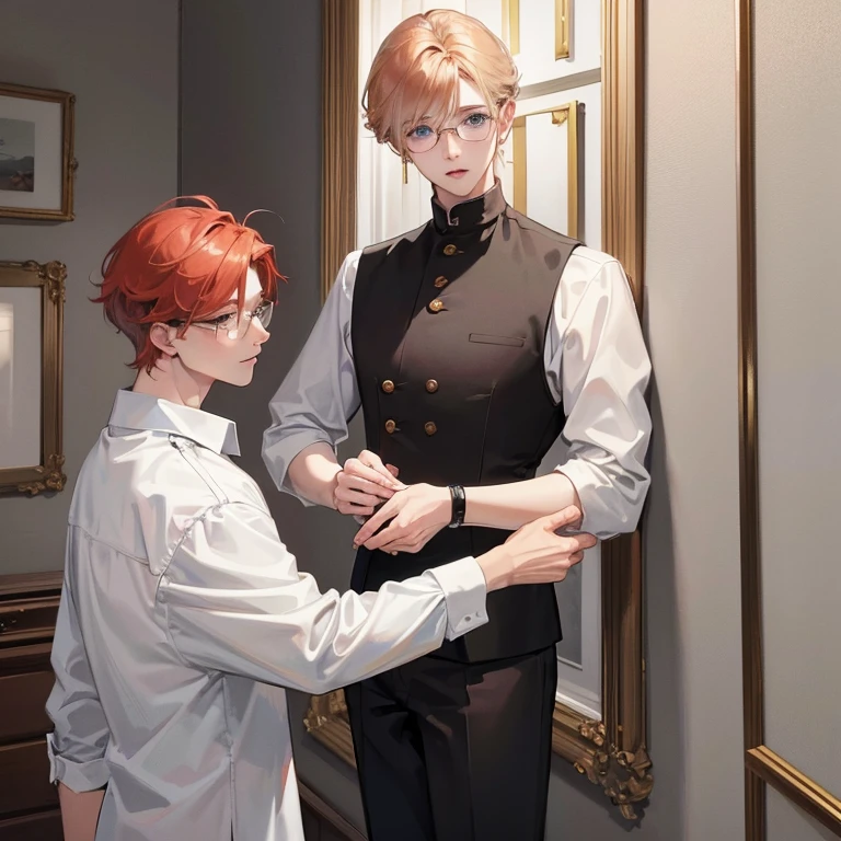 2 young man, looking at each other, the first boy on top of the second boy. handsome, blonde hair, blue eyes wearing rimless clear eyeglasses and white shirt. The othe one standing to the wall, Handsome young man, white skin, reddish curly hair to the shoulder, big deep jaded eyes, wearing big black rim eyeglasses