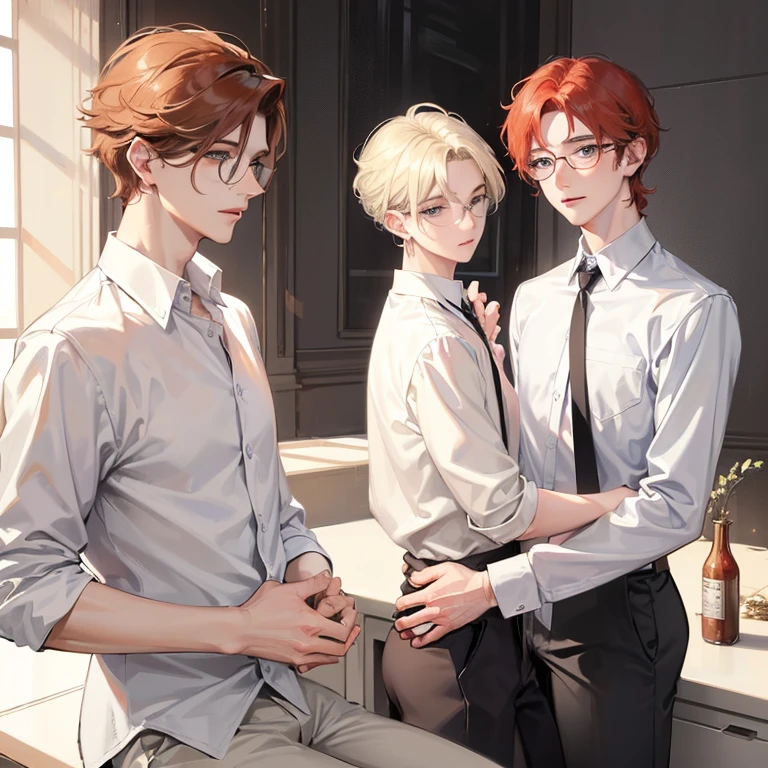 2 young man, looking at each other, the first boy on top of the second boy. handsome, blonde hair, blue eyes wearing rimless clear eyeglasses and white shirt. The othe one standing to the wall, Handsome young man, white skin, reddish curly hair to the shoulder, big deep jaded eyes, wearing big black rim eyeglasses