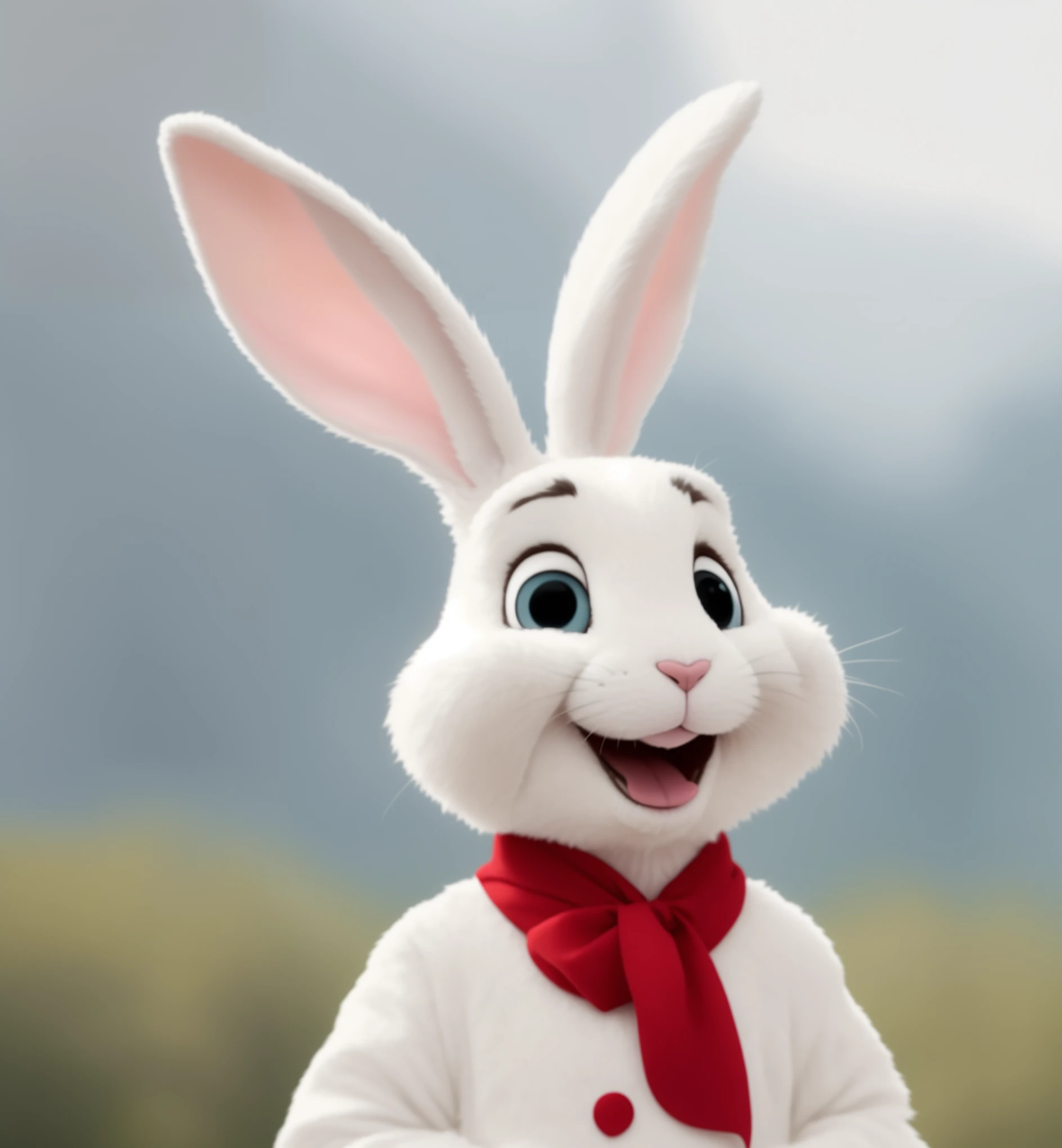 araffe dressed in a rabbit suit with a red scarf, mob_Features, super clear，4K,Aperture f22,anthropomorphic rabbit, cute anthropomorphic rabbit, portrait of a bugs rabbit, white rabbit, bugs rabbit, Judy Hopps, Judy Hopps from zootopia, rabbit, the white rabbit, movie Features, rabbit, rabbit face only, a happy stills，