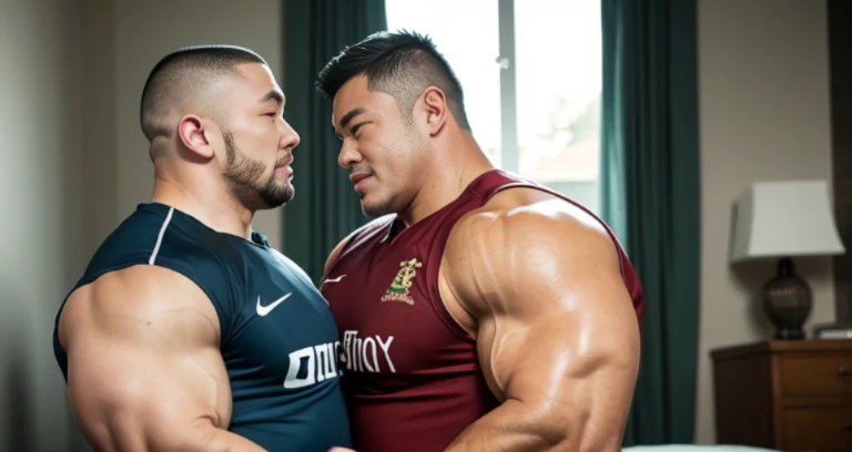 kissing, inside bed room, facing each other, (rugby uniform:1.2), Japanese man, Chinese man, Korean man, Taiwanese man, manly face, round face, monolid eyes, (buzz cut:1.4), very large and strong body, bulging muscles, very large pectoral muscles, muscular arms, muscular abs, muscular legs, muscular back, brightens oily skin, master piece, realistic, panorama, distant view
