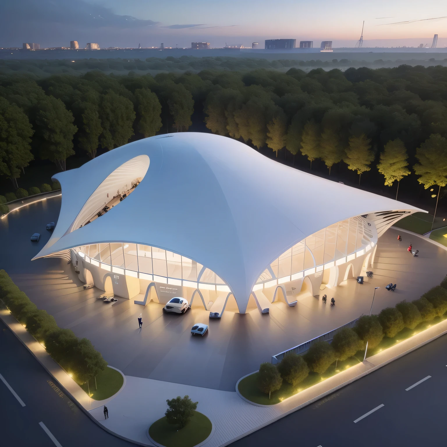 There is a huge white building in the center of the park,The roof adopts membrane structure,has a big roof, Geodesic architecture, futuristic dome, architectural rendering, architectural rendering, Detailed rendering, Moonlight rendering, High quality rendering, architectural renderinging, Geodesic architecture, With 3D rendering, With 3D rendering, Render eight, Highly detailed rendering, 3D printing architecture