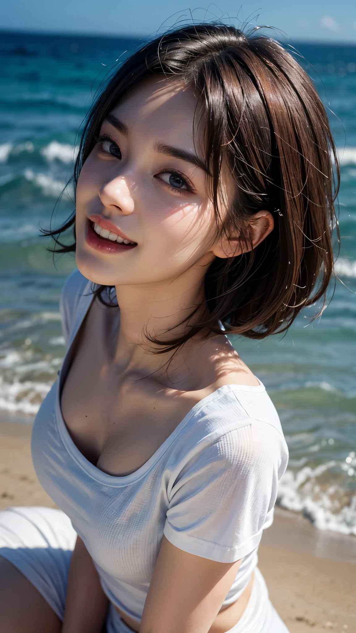 (best quality:1.2, highres, masterpiece:1.2),blurred background,1 high school girl,((nude)),(E-cup breasts),(beautiful breasts),brown hair,short hair,striking pose,detailed and beautiful eyes,blushing face,healthy skin,looking at the viewer,smiling,(beach),8k resolution