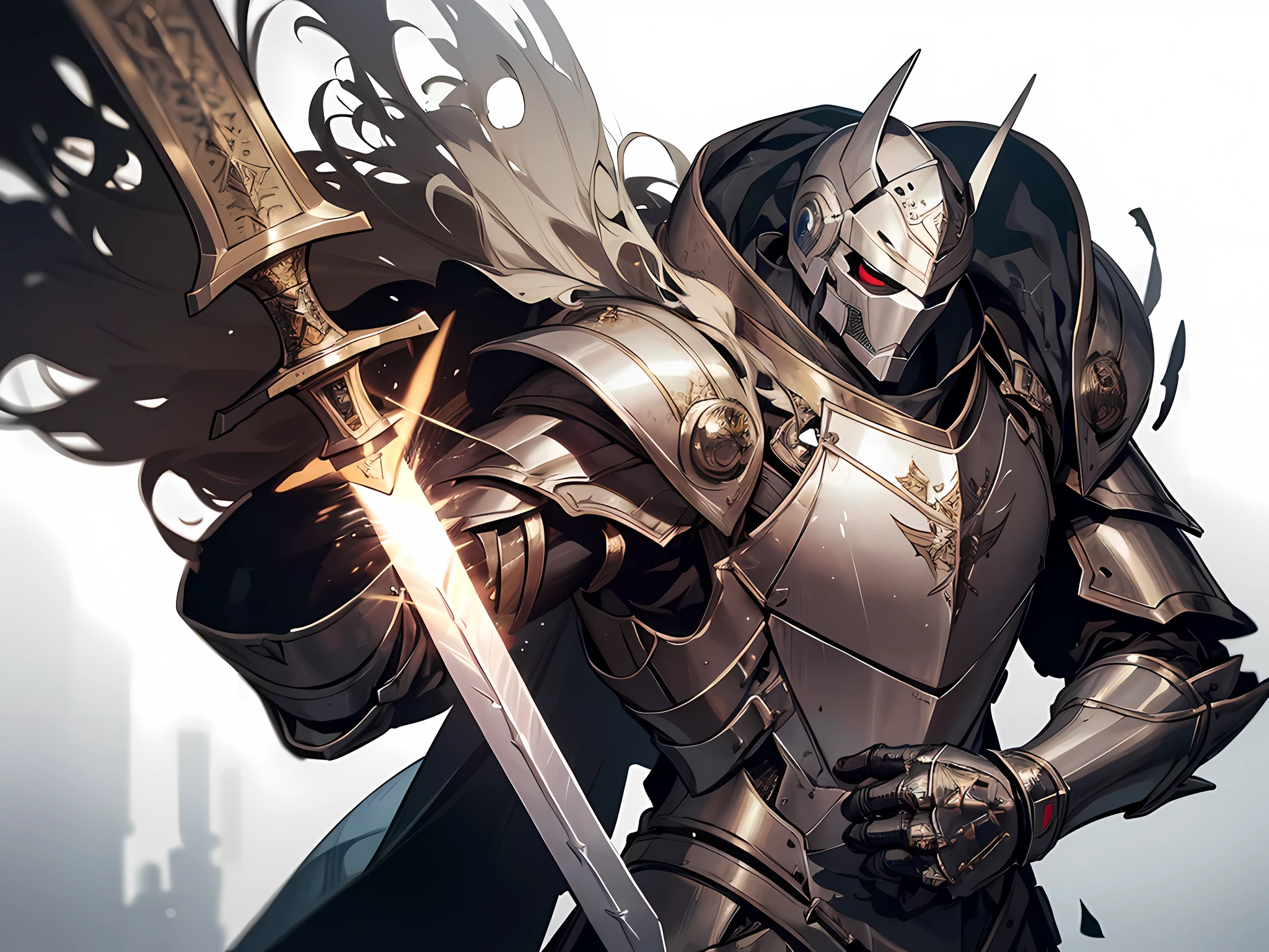 a drawing of a knight with a sword and shield in his hand, white and red and gold armor, warforged, knight, concept art of a warrior,fallen knight, wielding a sword and shield, armour merging with body, heavily armored, armored knight,Approaching perfection, Dynamic, Highly detailed, Smooth, Sharp Focus, 8K, hight resolution, Illustration, art by carne griffiths and wadim kashin, White background