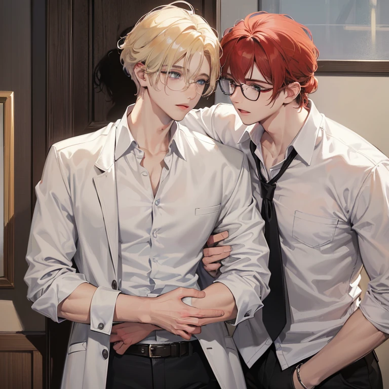 2 young man, hugging each other, the first boy handsome, blonde hair, blue eyes wearing rimless clear eyeglasses and white shirt. The othe one standing to the wall, Handsome young man, white skin, reddish curly hair to the shoulder, big deep jaded eyes, wearing big black rim eyeglasses
