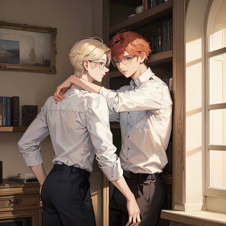2 young man, hugging each other, the first boy handsome, blonde hair, blue eyes wearing rimless clear eyeglasses and white shirt. The othe one standing to the wall, Handsome young man, white skin, reddish curly hair to the shoulder, big deep jaded eyes, wearing big black rim eyeglasses
