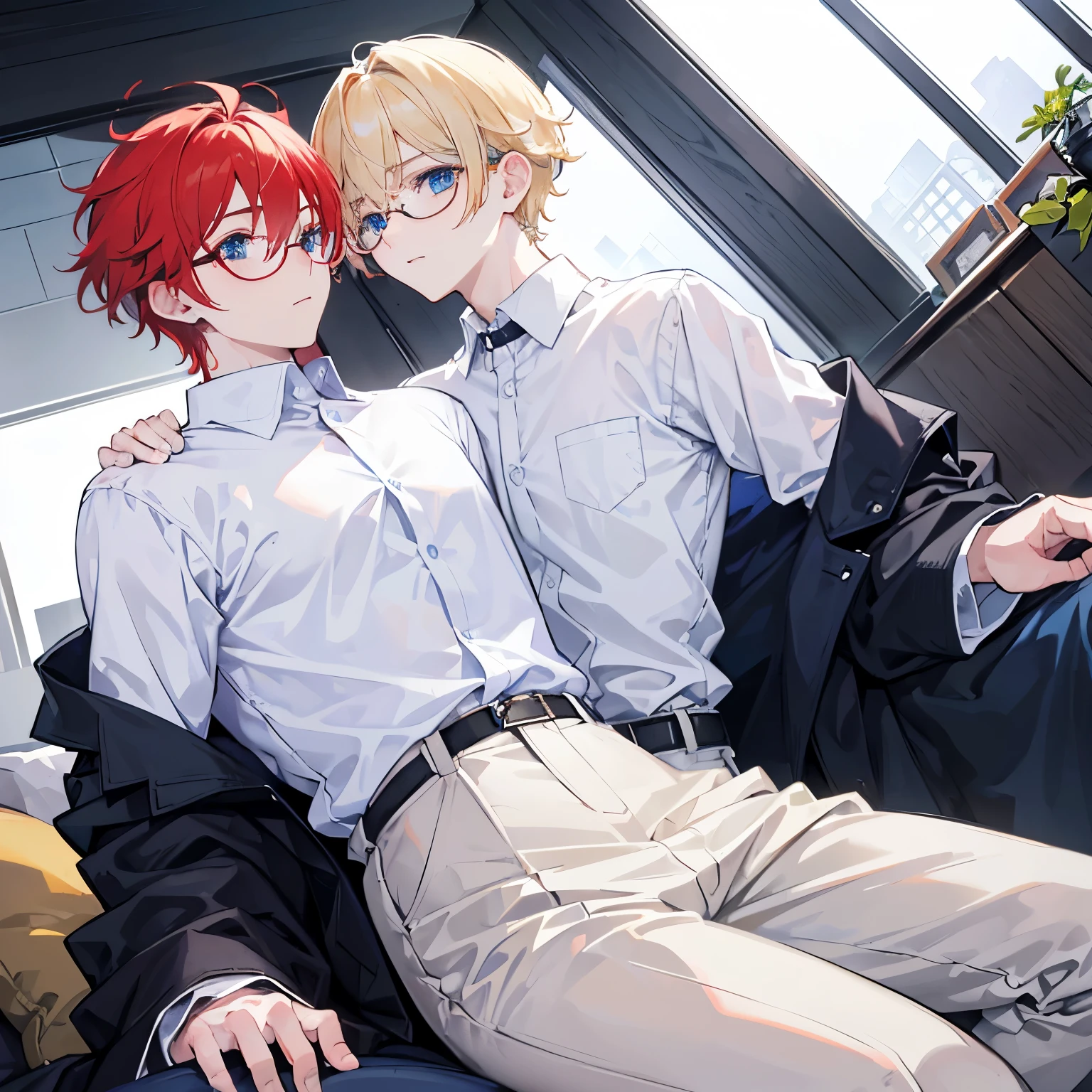 2 boys, looking at each other, the first boy on top of the second boy. handsome, blonde hair, blue eyes wearing rimless clear eyeglasses and white shirt. The othe one standing to the wall, Handsome young man, white skin, reddish curly hair to the shoulder, big deep jaded eyes, wearing big black rim eyeglasses