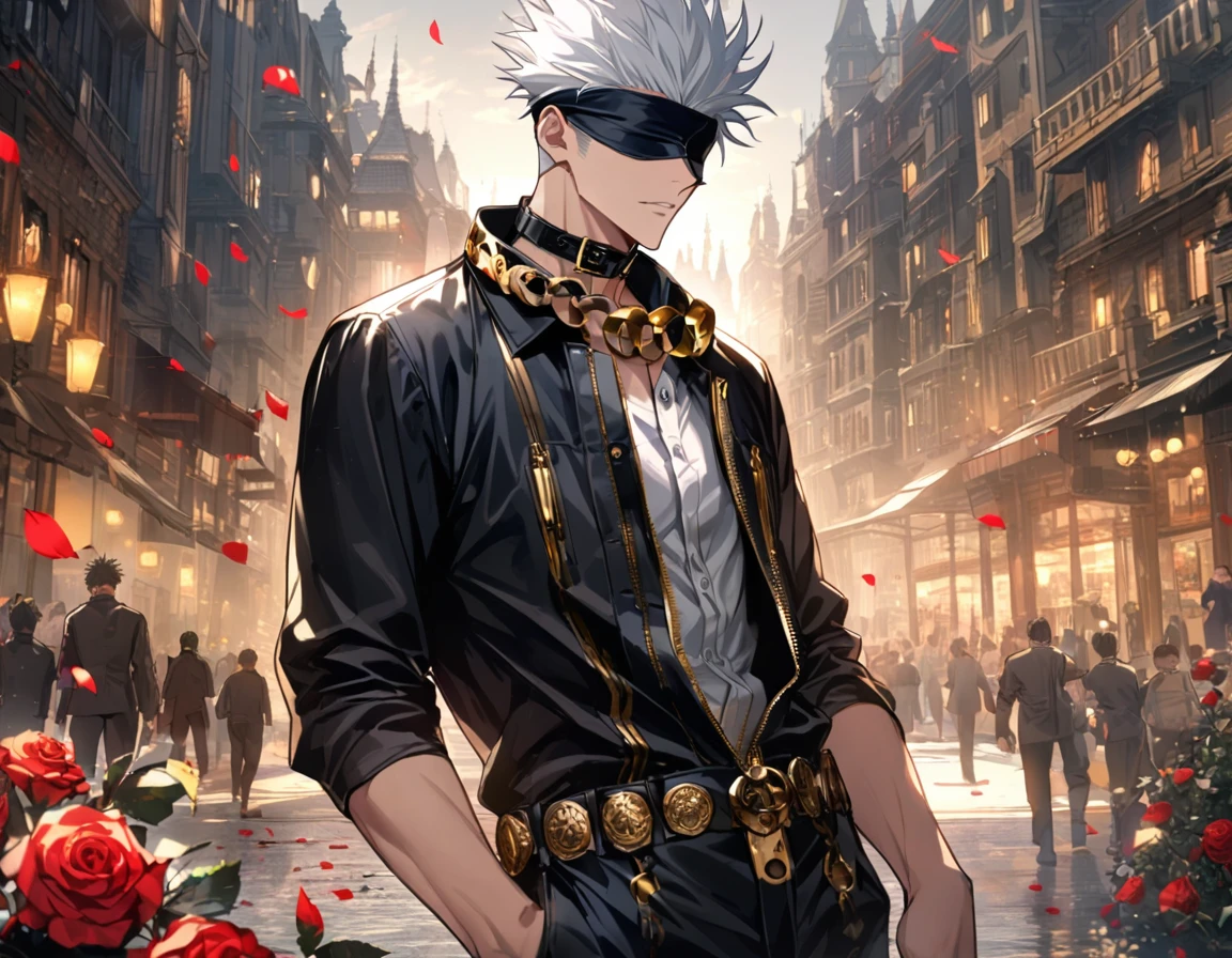 4k, very detailed, hd, Gojou Satoru, white hair, blindfolded eyes, Jujutsu Kaisen, usually wearing a jacket with half-length sleeves, a thin red bow attached to the front zipper, as well as a white button-down shirt, a black collar with gold buckle around his neck, and a pair of pants, the outfit is overall black, with gold accents, 1 man only, handsome, petals, roses, city
