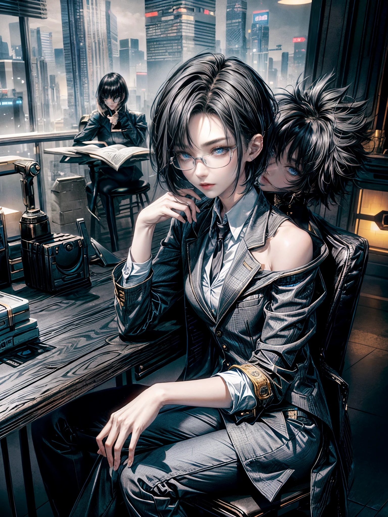 cinematic lighting、highest quality,cyberpunk world、1 female、(25 year old beautiful woman、short hair、black hair、shoulder length hair、blue eyes:1.4)smile、break,short hair、break.Office style break
(Dark grey blazer:1.4) paired with (dark gray slim pants:1.2) and (White collar shirt👔:1.2) 
break.(sunny morning、Stylish and futuristic hall venue、podium table)(glasses on the table:1.2)
