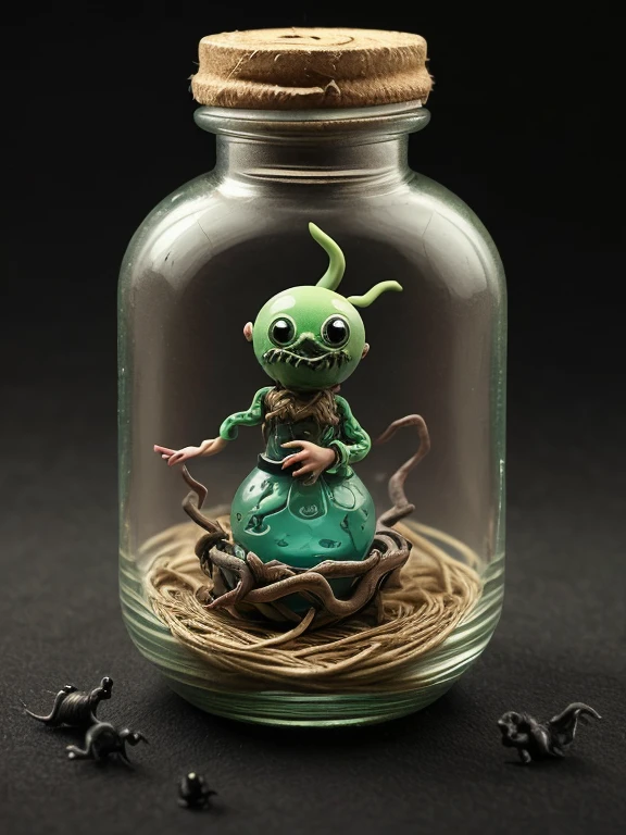 A mysterious creature trapped in a bottle on the desk、horror、Creepy、very small creature、Clay Figure、straw doll