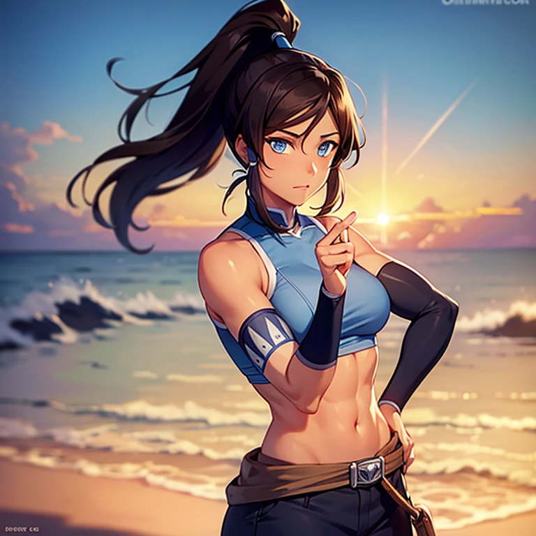 korra, dark skin, dark-skinned female, ponytail, trousers, muscular female, high quality, detailed, high resolution, sun set background.