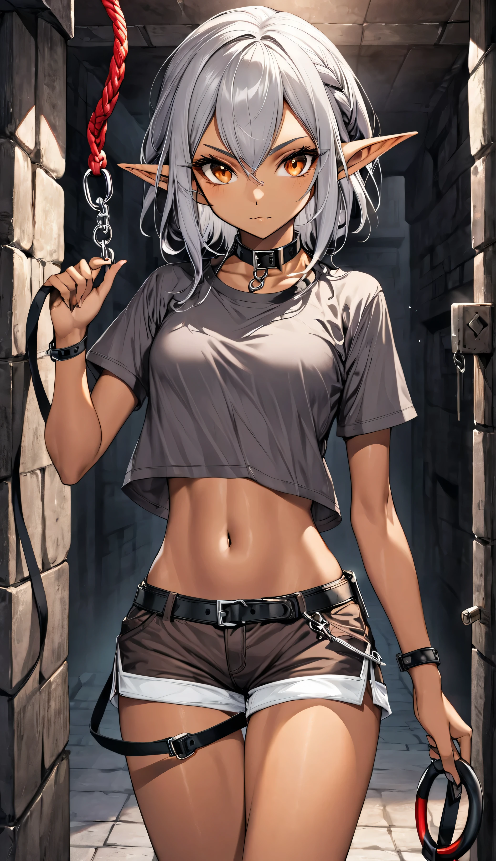 1girl,solo,((collar,leash)),grey hair,orange eyes,dungeon,((dark skin,dark elf)),pointy ears,elf,navel,midriff,hanf holding leash,shorts,t-shirt
