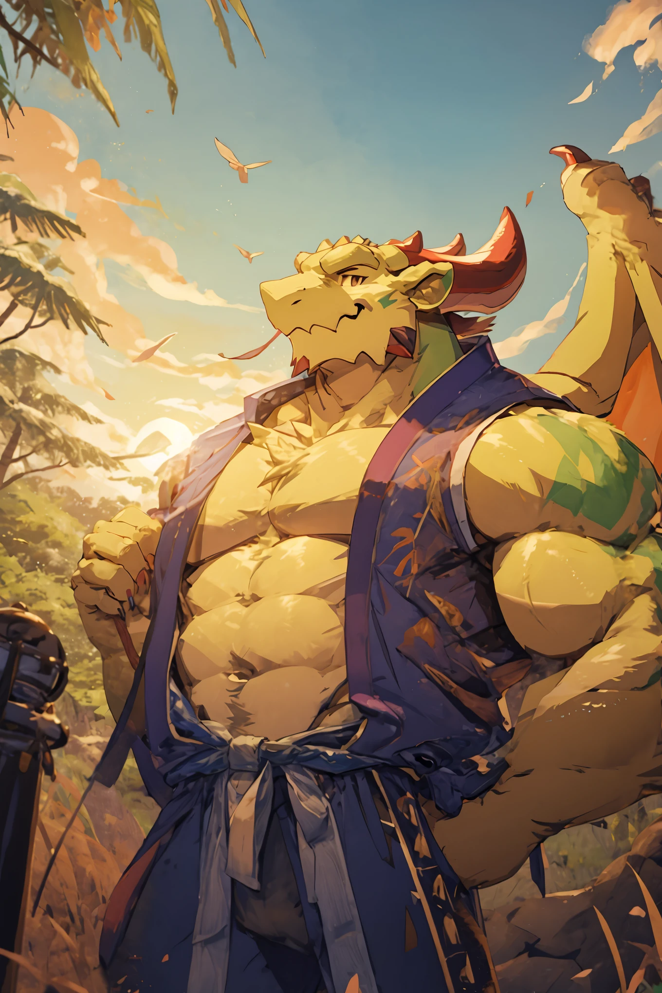 (best quality:1.2), 1boy, mature, furry, alone, well-built, muscular, standing, facing the camera, dragon humanoid, smiling, friendly expression, jade green complexion, traditional Japanese kimono, all ages, forest background, distant volcano and beach, panoramic view, ultra-wide-angle, UHD, highres