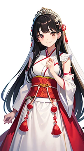 highest quality、realistic、Japanese、、cute、smile、Wedding dress、black hair、long hair、all back、、brown eyes、smile、glossy red lips、Forehead exposed、、slender、14 years old