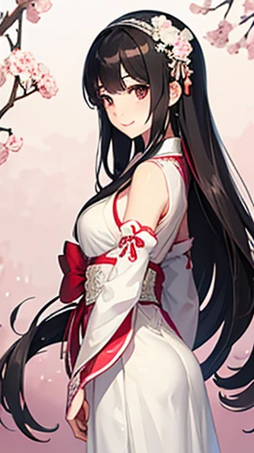 highest quality、realistic、Japanese、、cute、smile、Wedding dress、black hair、long hair、all back、、brown eyes、smile、glossy red lips、Forehead exposed、、slender、14 years old