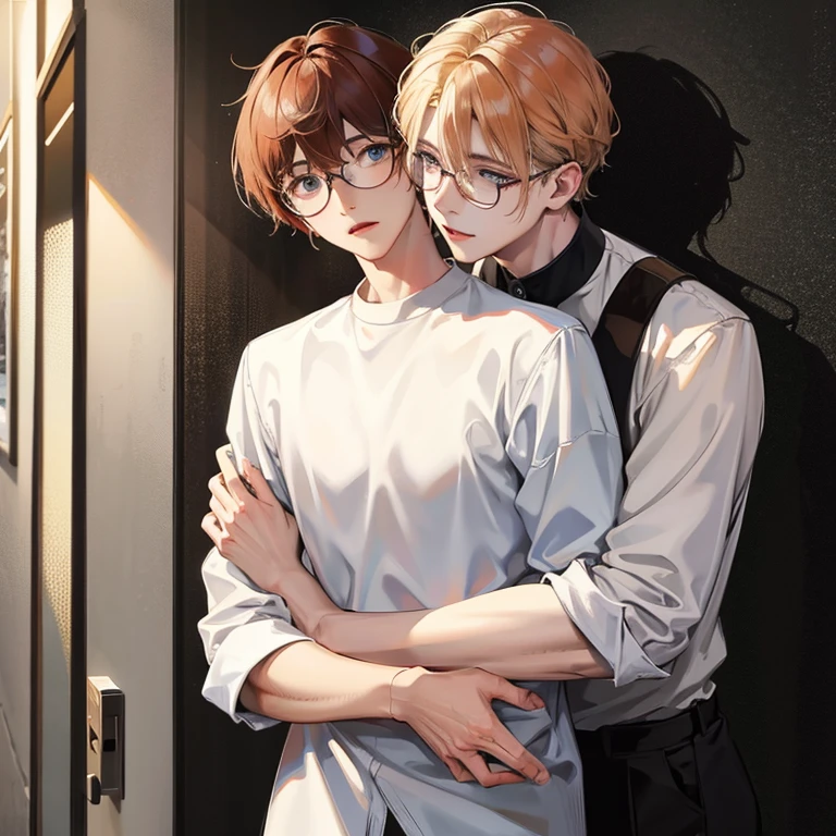 2 young man, hugging kissing, the first boy handsome, blonde hair, blue eyes wearing rimless clear eyeglasses and white shirt. The othe one standing to the wall, Handsome young man, white skin, reddish curly hair to the shoulder, big deep jaded eyes, wearing big black rim eyeglasses