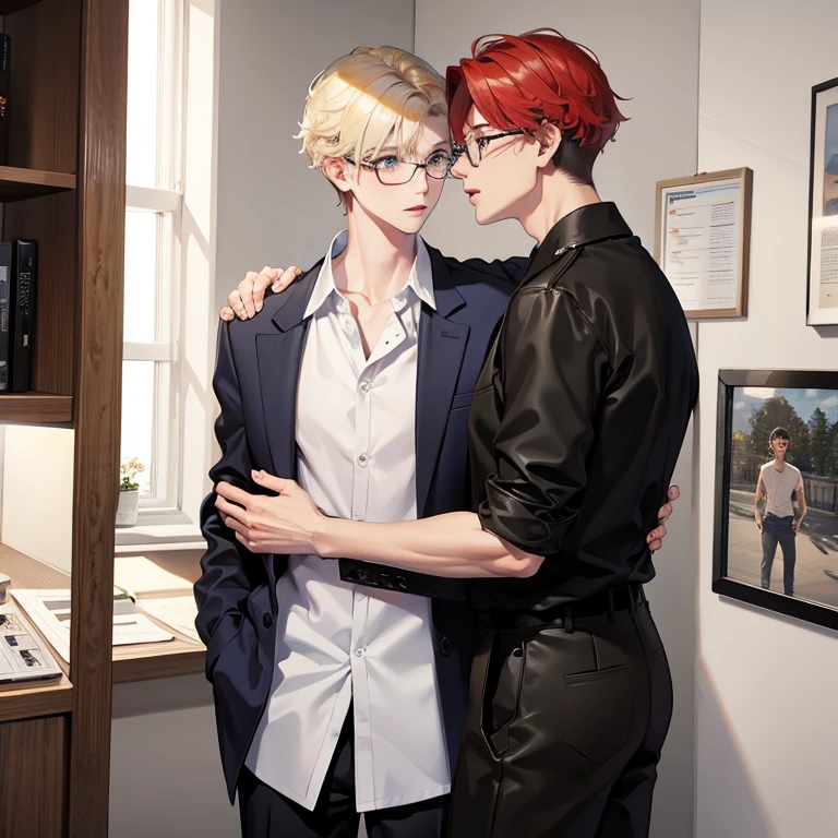 2 young man, hugging kissing, the first boy handsome, blonde hair, blue eyes wearing rimless clear eyeglasses and white shirt. The othe one standing to the wall, Handsome young man, white skin, reddish curly hair to the shoulder, big deep jaded eyes, wearing big black rim eyeglasses