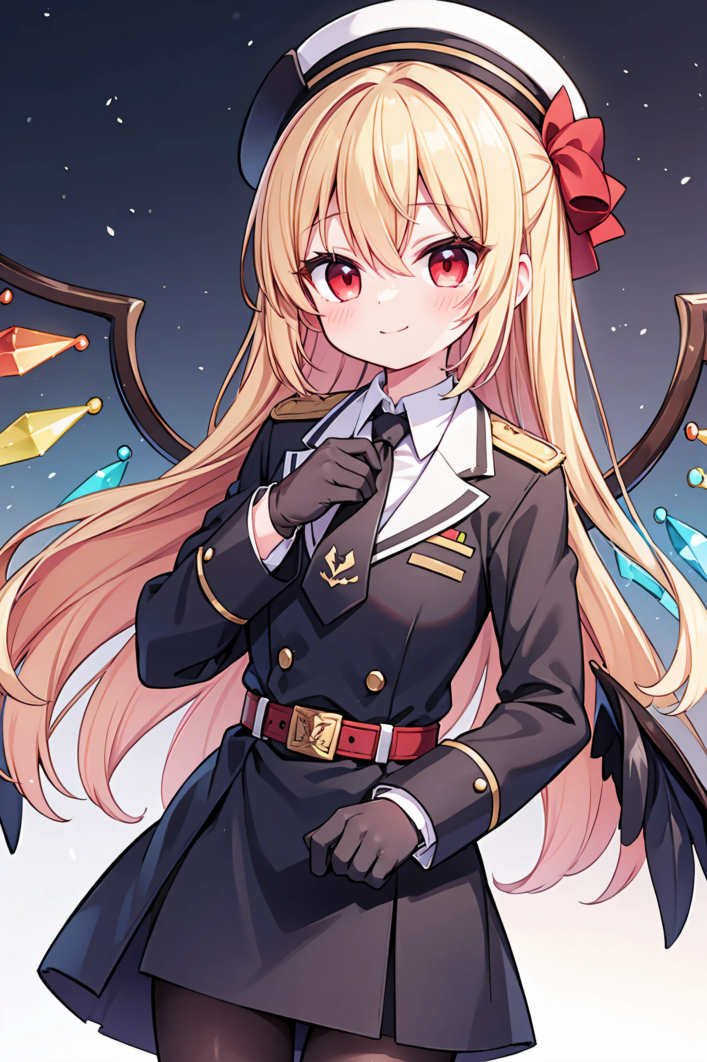 masterpiece, top quality, super detailed, CG illustration, high resolution, better lighting, best shadows, very delicate and beautiful, proper shading, hd, 8k,flandre scarlet, 1girl, solo, looking at viewer, blush, smile, blonde hair, shirt, red eyes, gloves, long sleeves, hat, white background, holding, hair between eyes, closed mouth, white shirt, cowboy shot, wings, necktie, alternate costume, black gloves, belt, uniform, cup, coat, military, black headwear, military uniform, buttons, black necktie, epaulettes, black coat, crystal