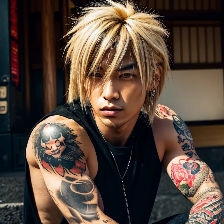 1 man, Japanese man, male, Asian eyes, muscular, broad shoulders, yakuza tattoos, hairstyle Visual Kei style, hair Visual Kei, black men's shirt and black pants, ultra detailed face, hyperrealistic, realistic representation, long hair, long hair, 30 years old, age 30 years, blond, blonde hair