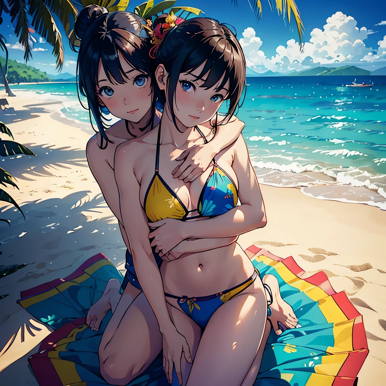 [ 4K digital art ]、((highest quality, masterpiece, High resolution))、((anime art))、 ((reality))、beautiful japanese woman、((two women))、18-year-old、(They are friends)、((Hug your partner from behind))、(Detailed depiction of a beautiful face)、smile gently、small breasts、slim body shape、medium short hair、semi-long、bun hair、Wet see-through bikini、(Wrap your waist in fabric with bold ethnic patterns and plenty of primary colors.)、realistic skin、Wet、full body、No zoom、No close-ups、(Beautiful tropical beach landscape photography)、cinematic light、tropical、(flowers on the beach)、Against the background of palm trees、on a sunny beach、With the sea in the background、squall、rainbow、blur background、