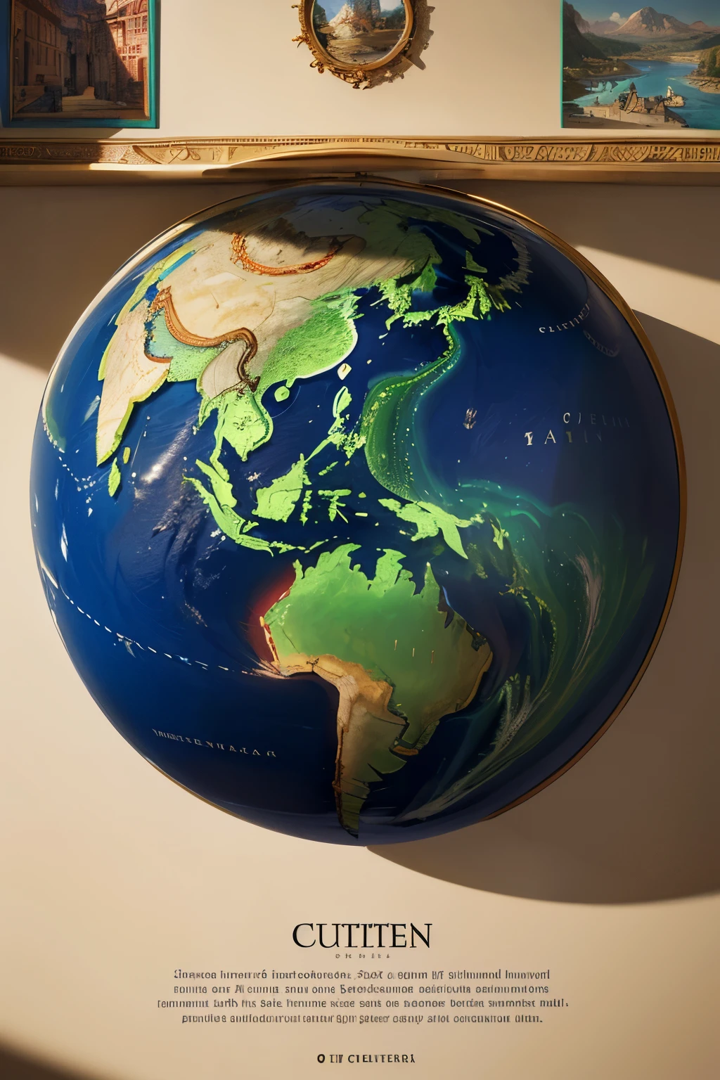 Vibrant and intricately detailed cultural wall,
Emblazoned with a beautifully rendered map of the seven continents and four oceans,
Realistic and high-resolution rendering,
Masterpiece quality, 4K Ultra HD,
HDR enhanced luminosity,
Rich, vivid colors depicting each continent and ocean,
Ultra-fine painting technique,
Physically-based rendering,
Extreme detail description,
Shader effects for the map textures,
Professional level craftsmanship,
Clean lines for the map borders,
Sharp focus for the intricate designs,
Soft, atmospheric lighting,
Smooth, rounded edges